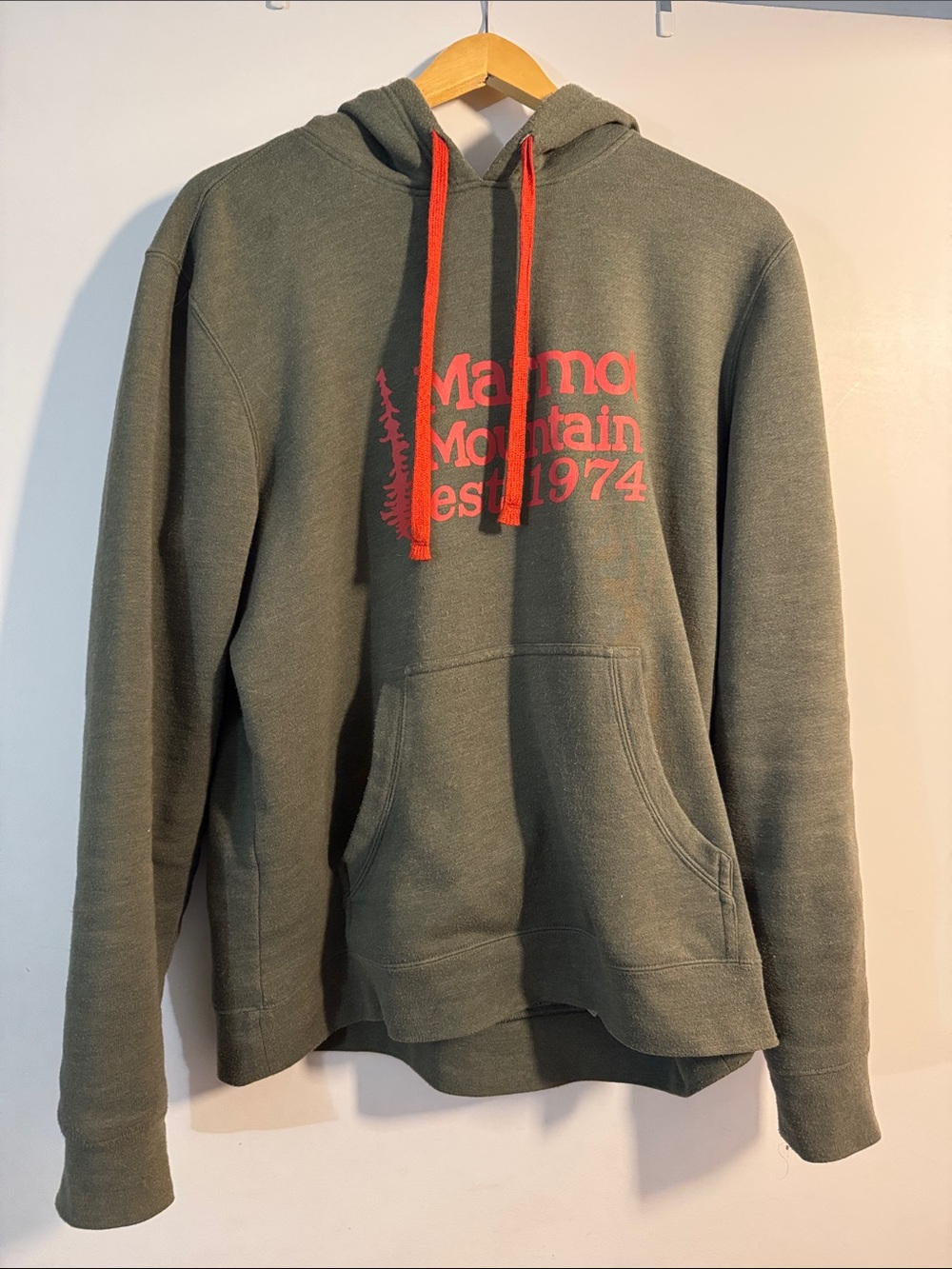 Marmot Olive Pullover Hoodie with Red Logo and Drawstrings